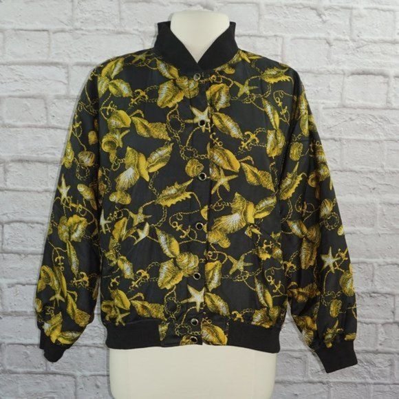Vintage 80s Silk Nautical Shell Chain Bomber Jacket - Picture 1 of 8
